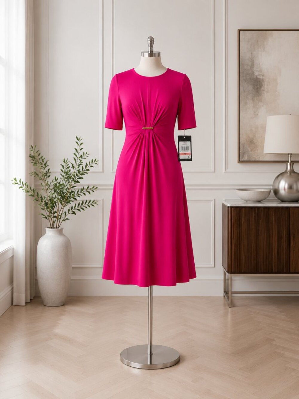Jessica Howard Dress Women 10P Hot Pink Pleated Midi Jewel Waist JH5P7074 NWT